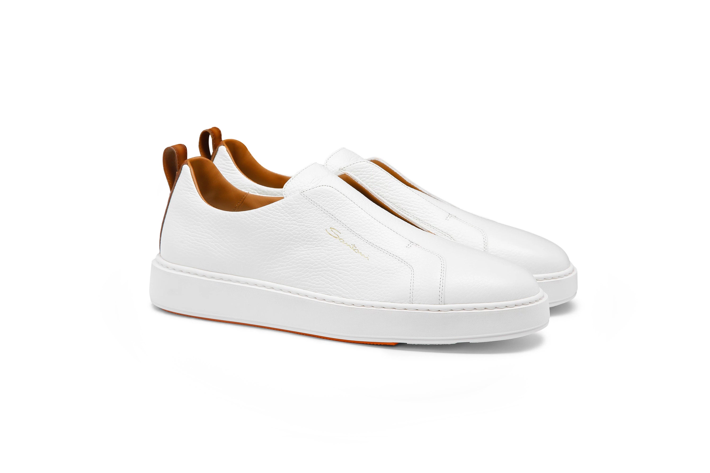 SANTONI WHITE LEATHER SLIP-ON SNEAKERS