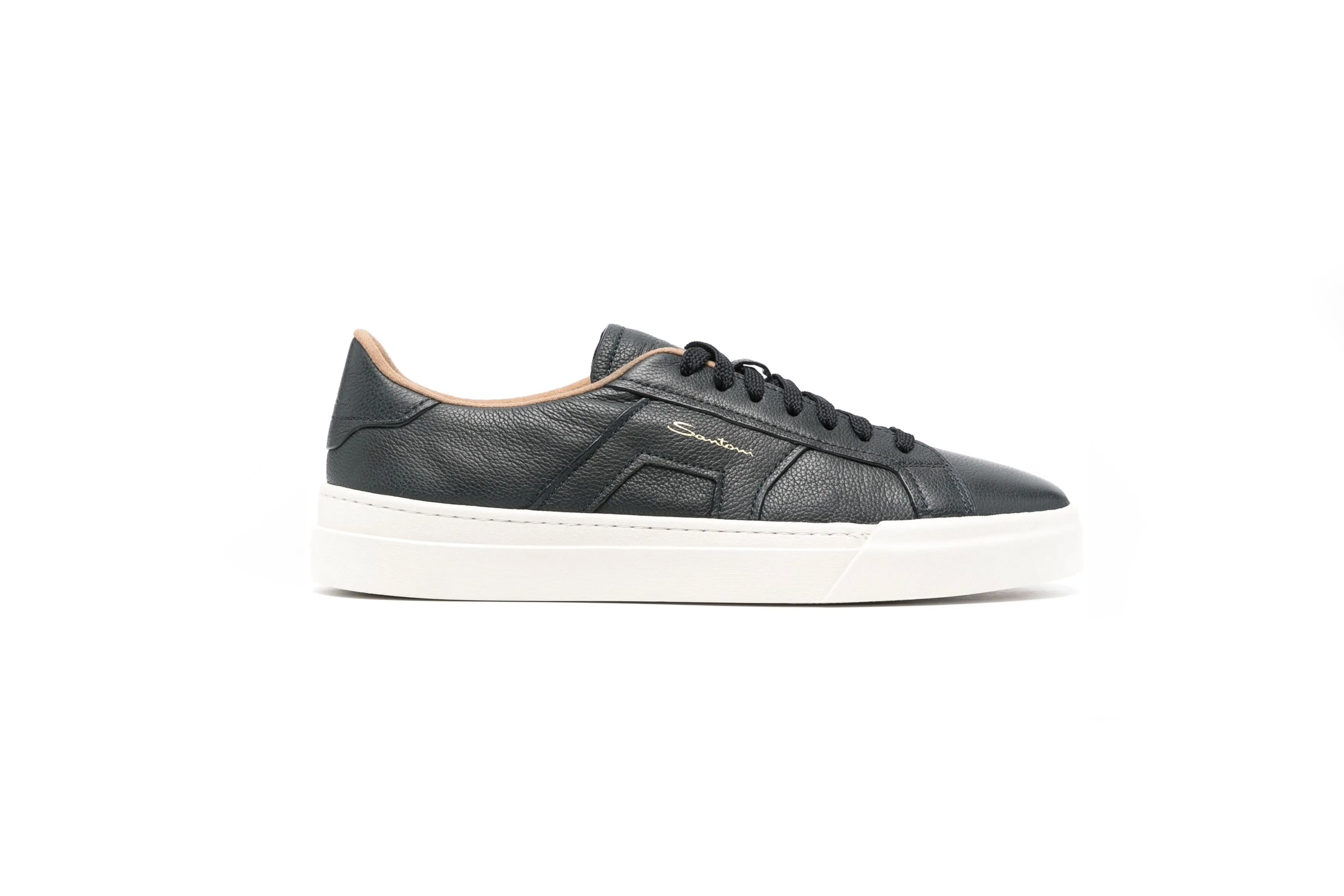 SANTONI NAVY LEATHER DOUBLE BUCKLE SNEAKER