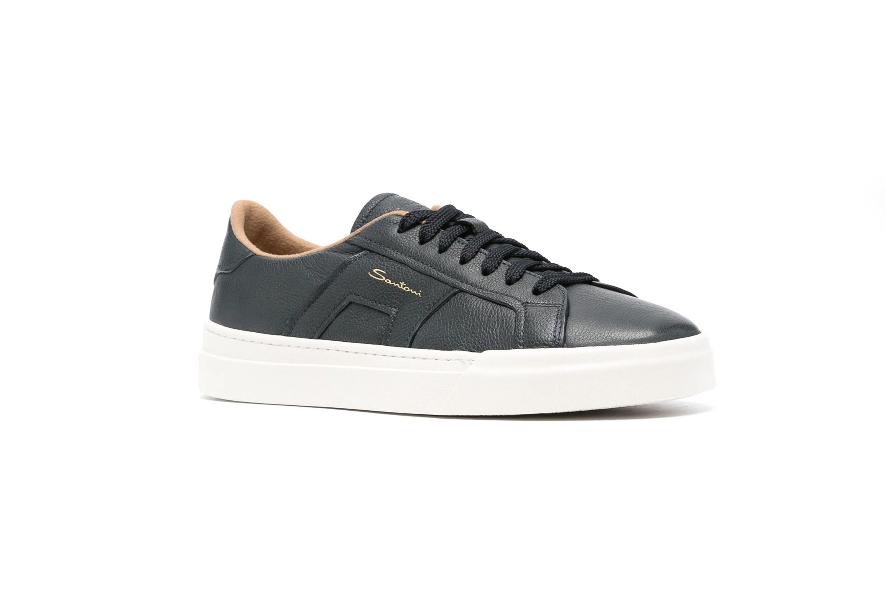 SANTONI NAVY LEATHER DOUBLE BUCKLE SNEAKER