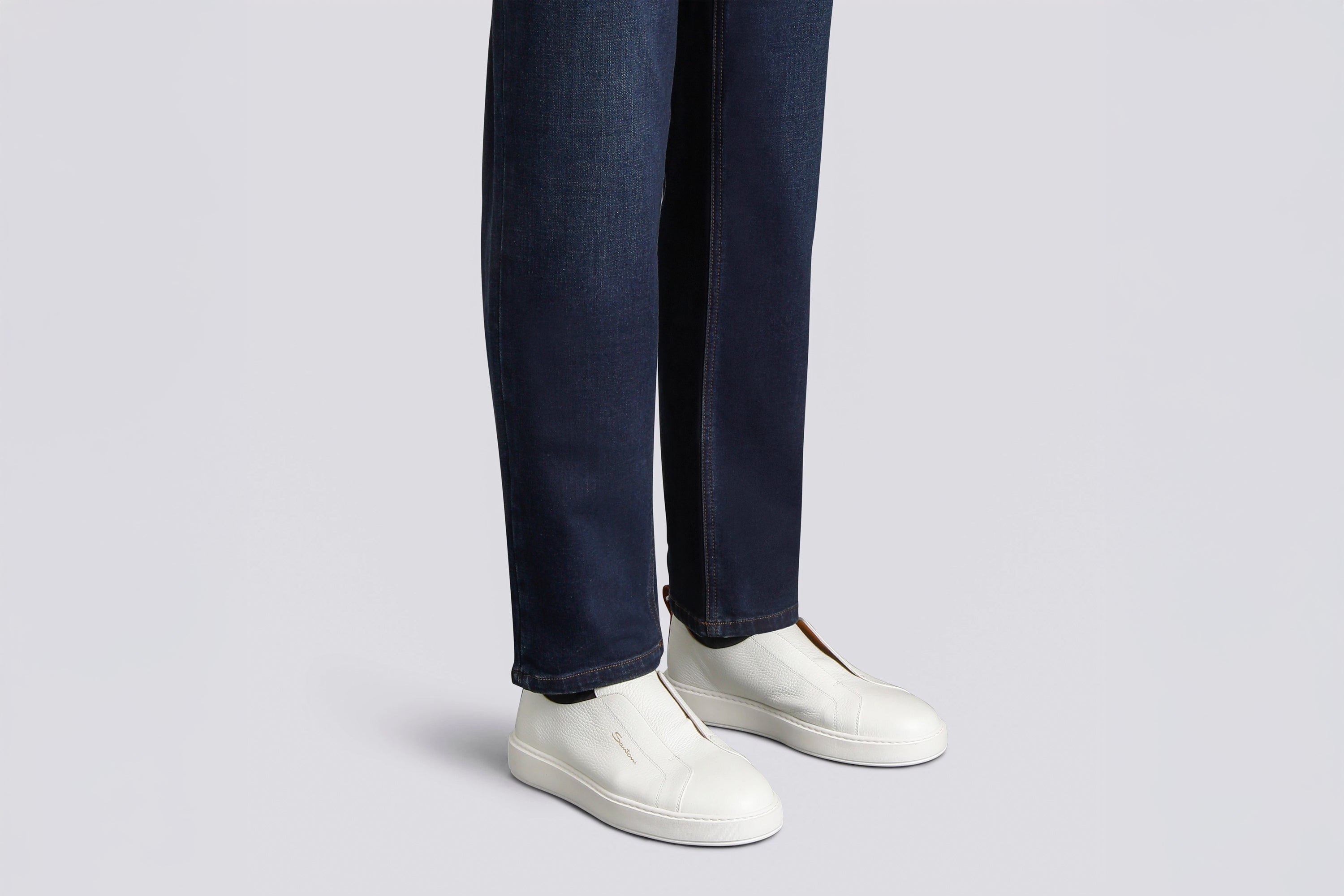 SANTONI WHITE LEATHER SLIP-ON SNEAKERS