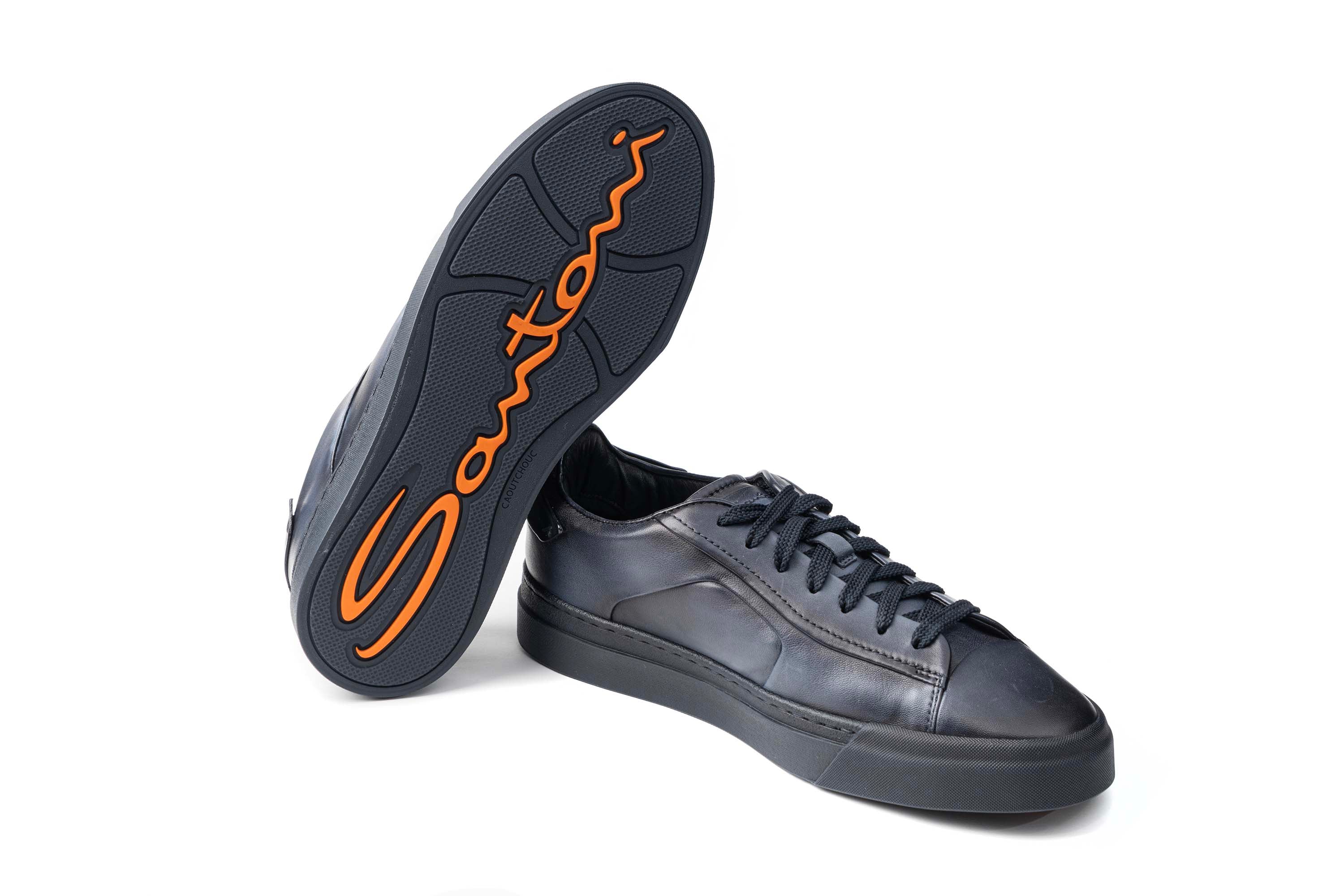 SANTONI DARK BLUE LEATHER SNEAKERS