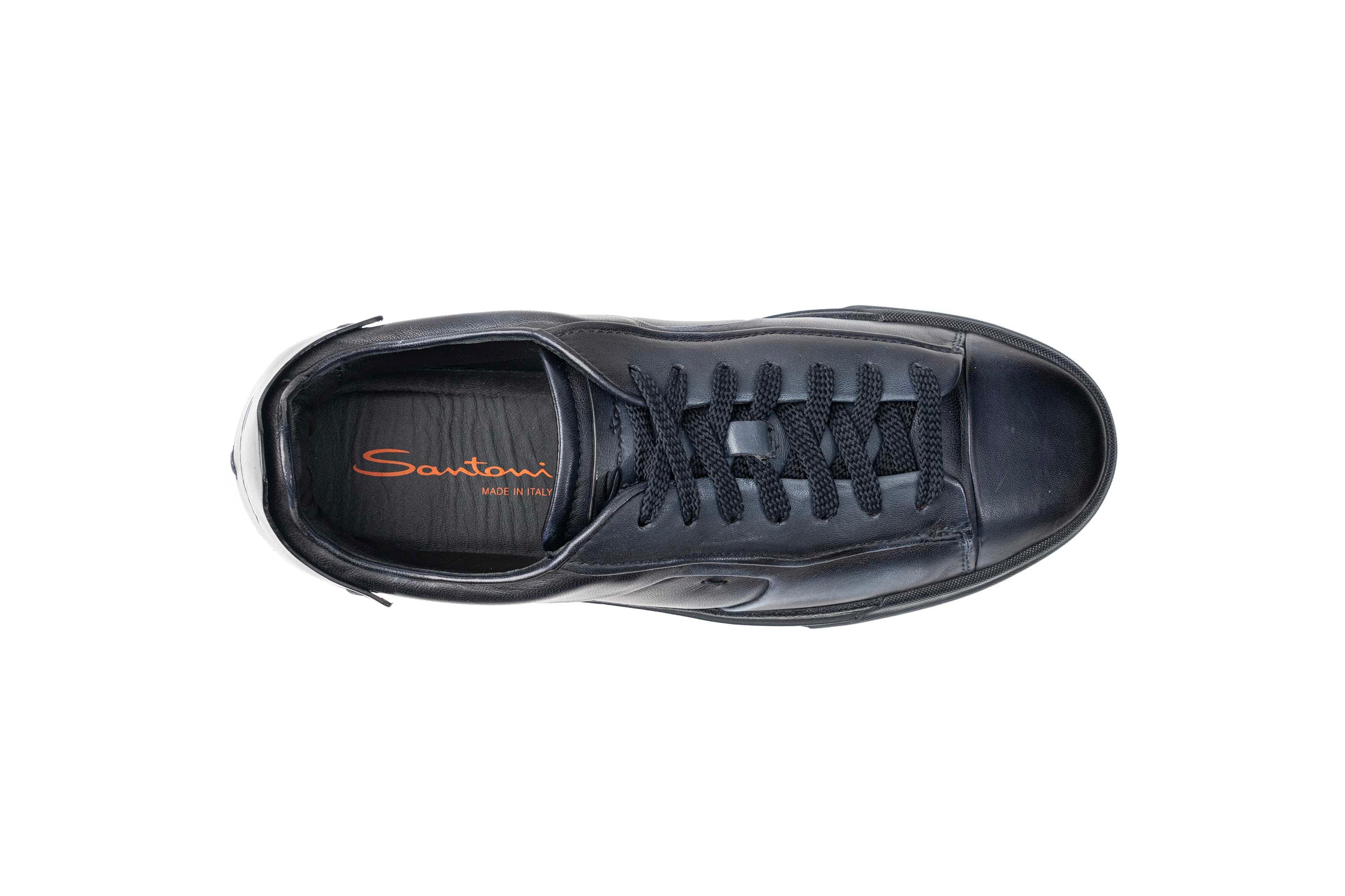 SANTONI DARK BLUE LEATHER SNEAKERS