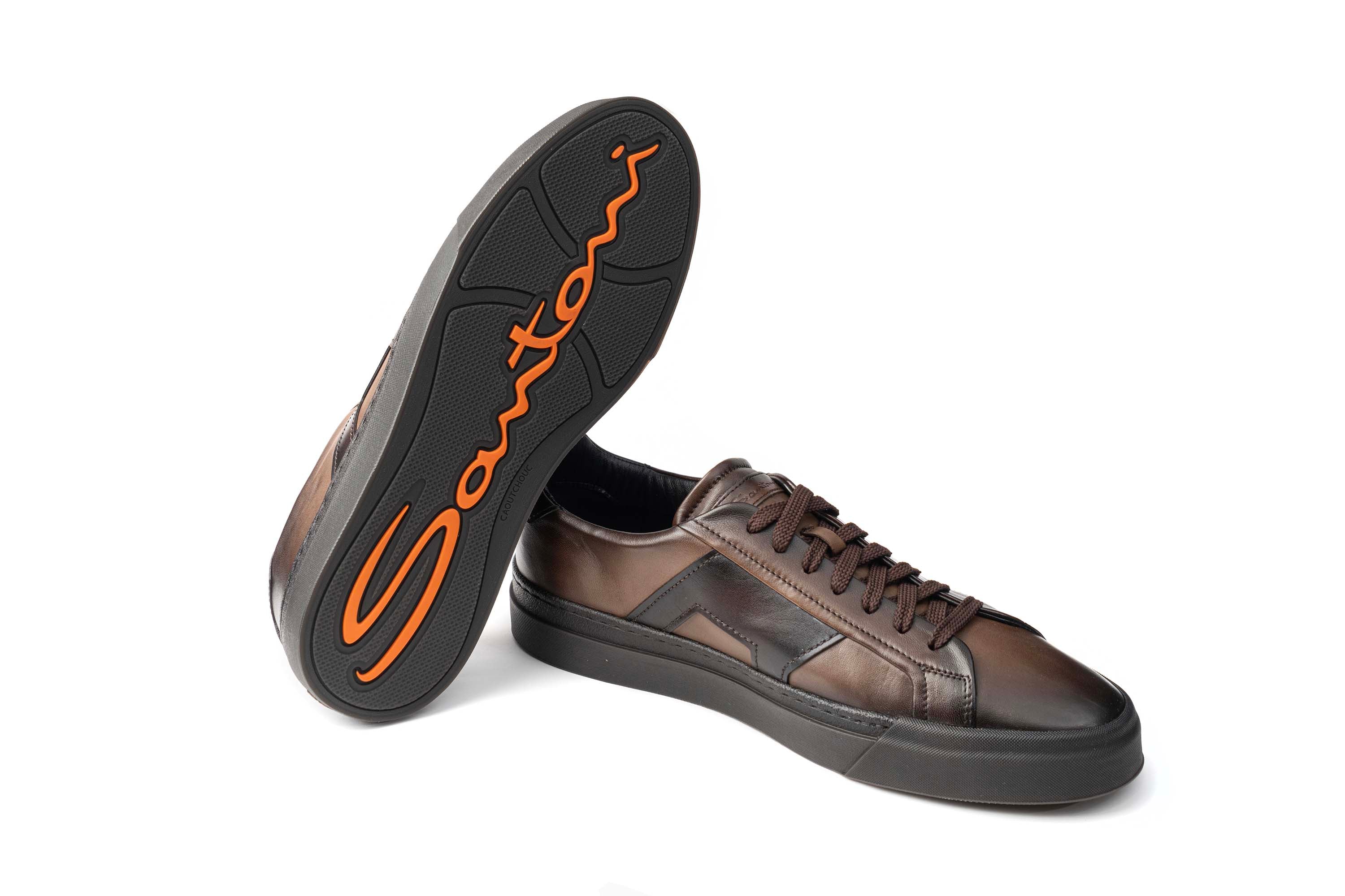 SANTONI BROWN LEATHER DOUBLE BUCKLE SNEAKER