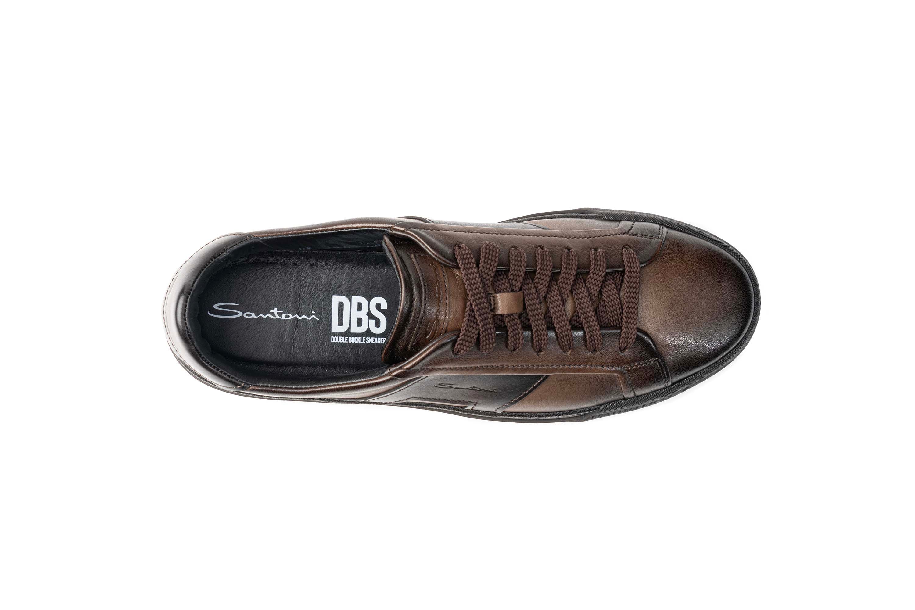 SANTONI BROWN LEATHER DOUBLE BUCKLE SNEAKER