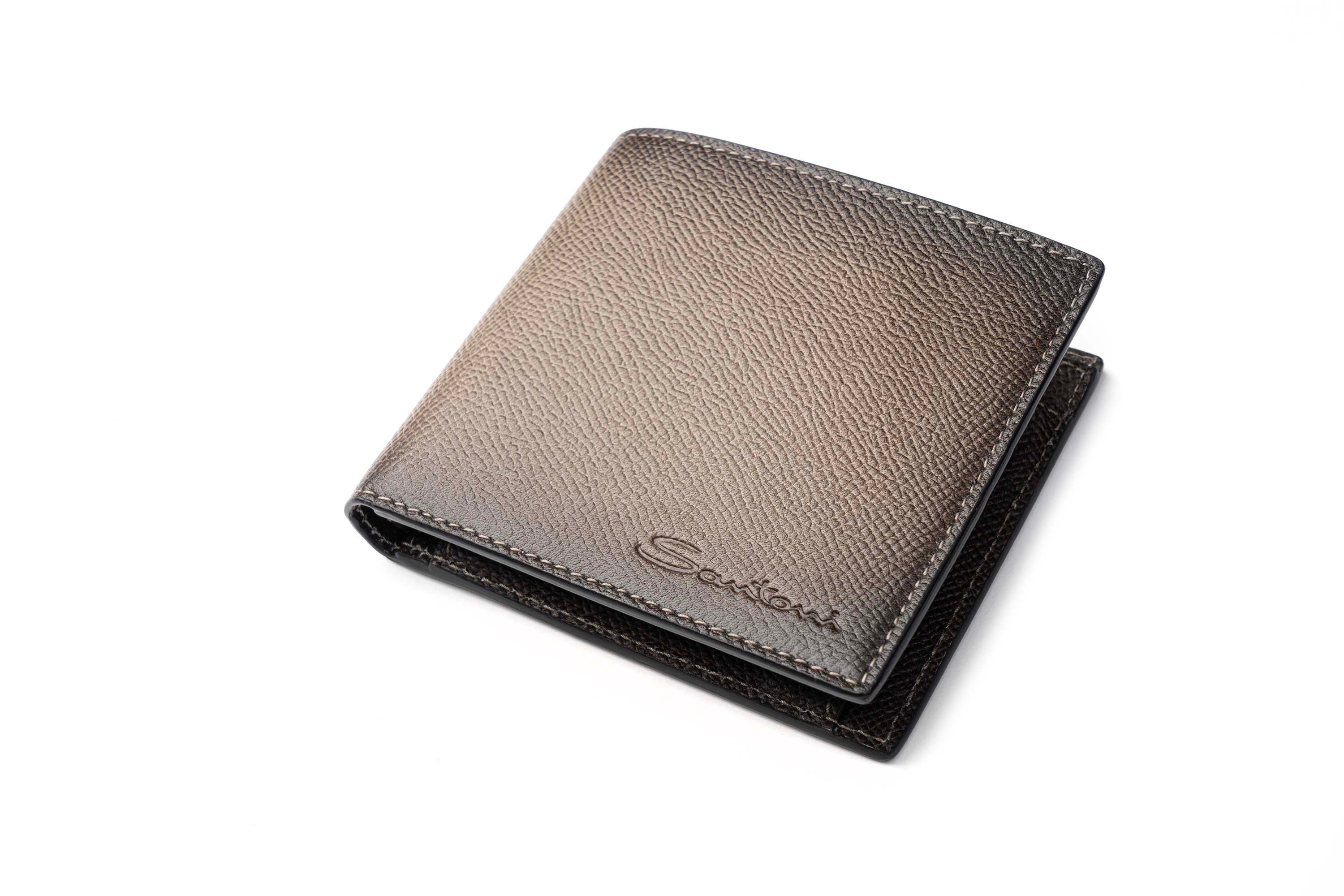 SANTONI BROWN SAFFIANO LEATHER WALLET WITH COIN POCKET