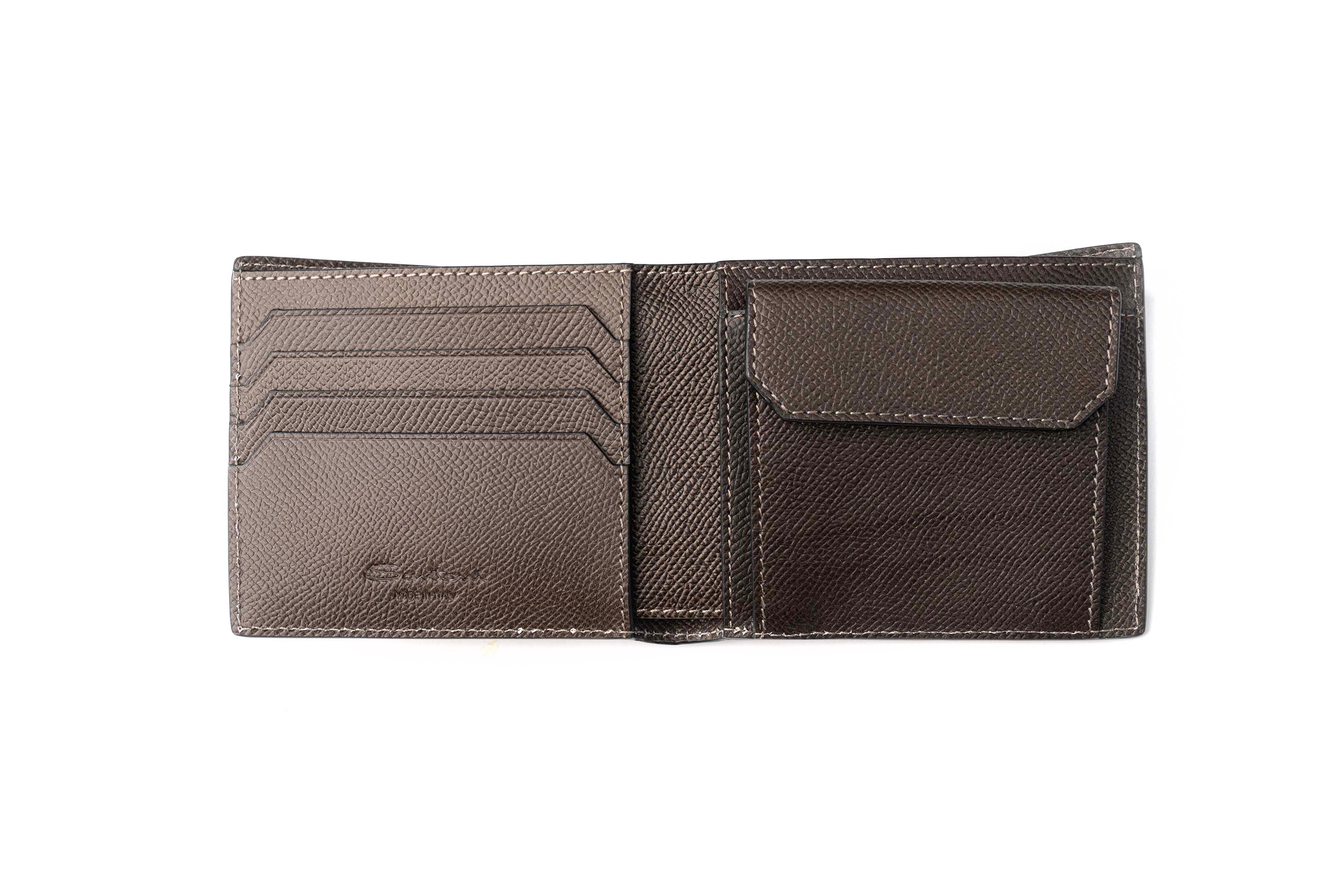 SANTONI BROWN SAFFIANO LEATHER WALLET WITH COIN POCKET