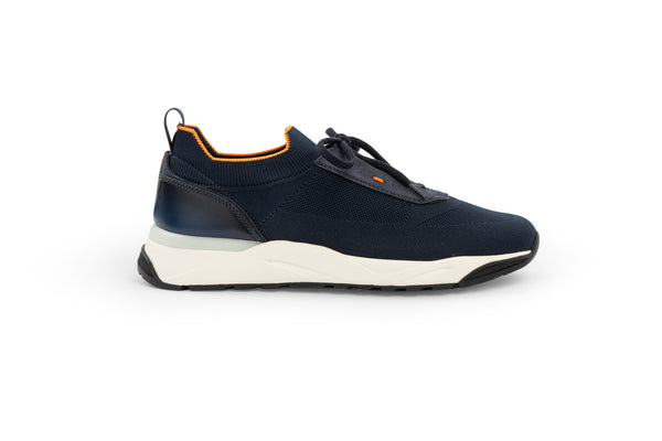 SANTONI BLUE NUBUCK AND STRETCH KNIT SNEAKER