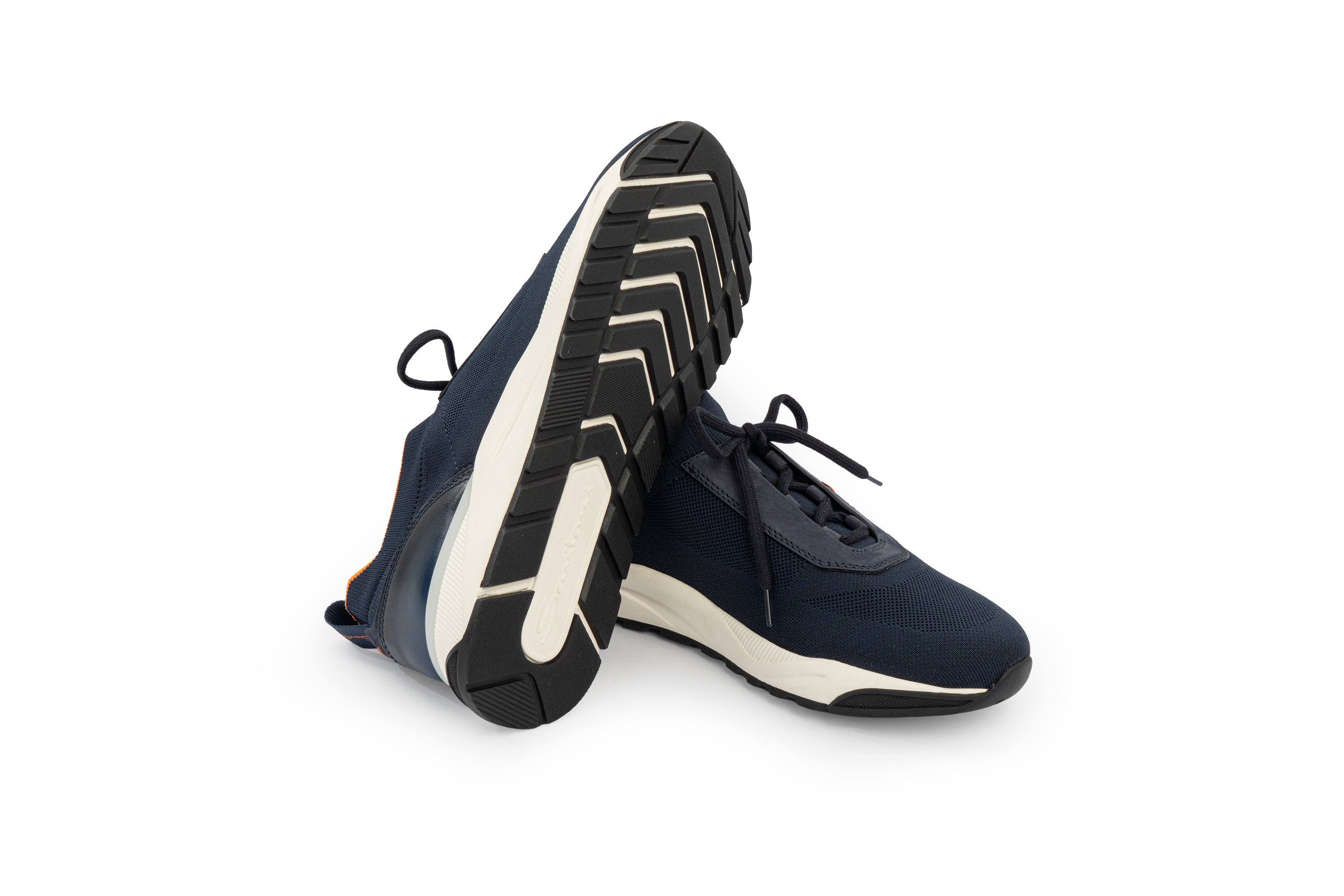 SANTONI BLUE NUBUCK AND STRETCH KNIT SNEAKER