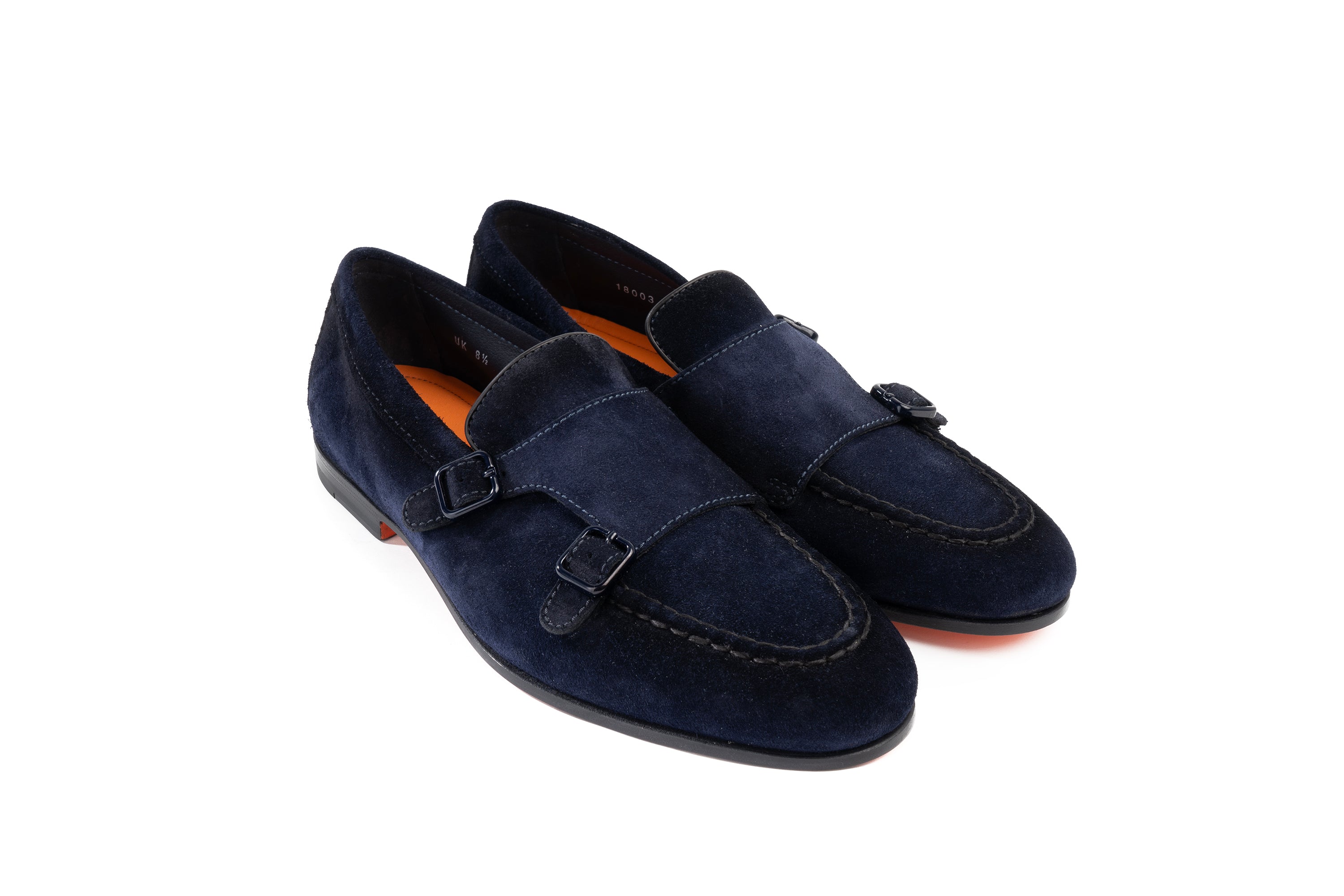 SANTONI NAVY SUEDE DOUBLE-BUCKLE LOAFERS