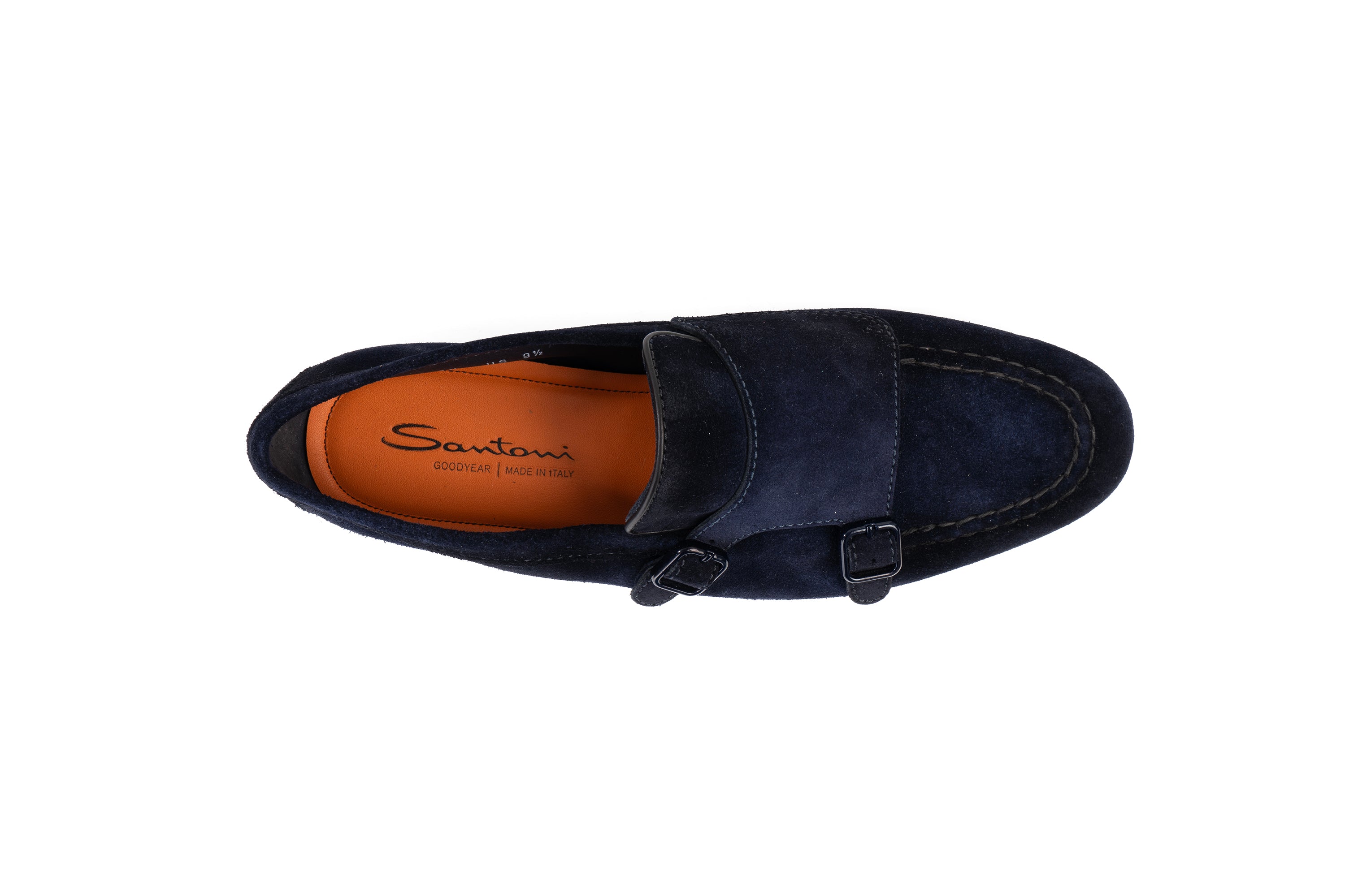 SANTONI NAVY SUEDE DOUBLE-BUCKLE LOAFERS