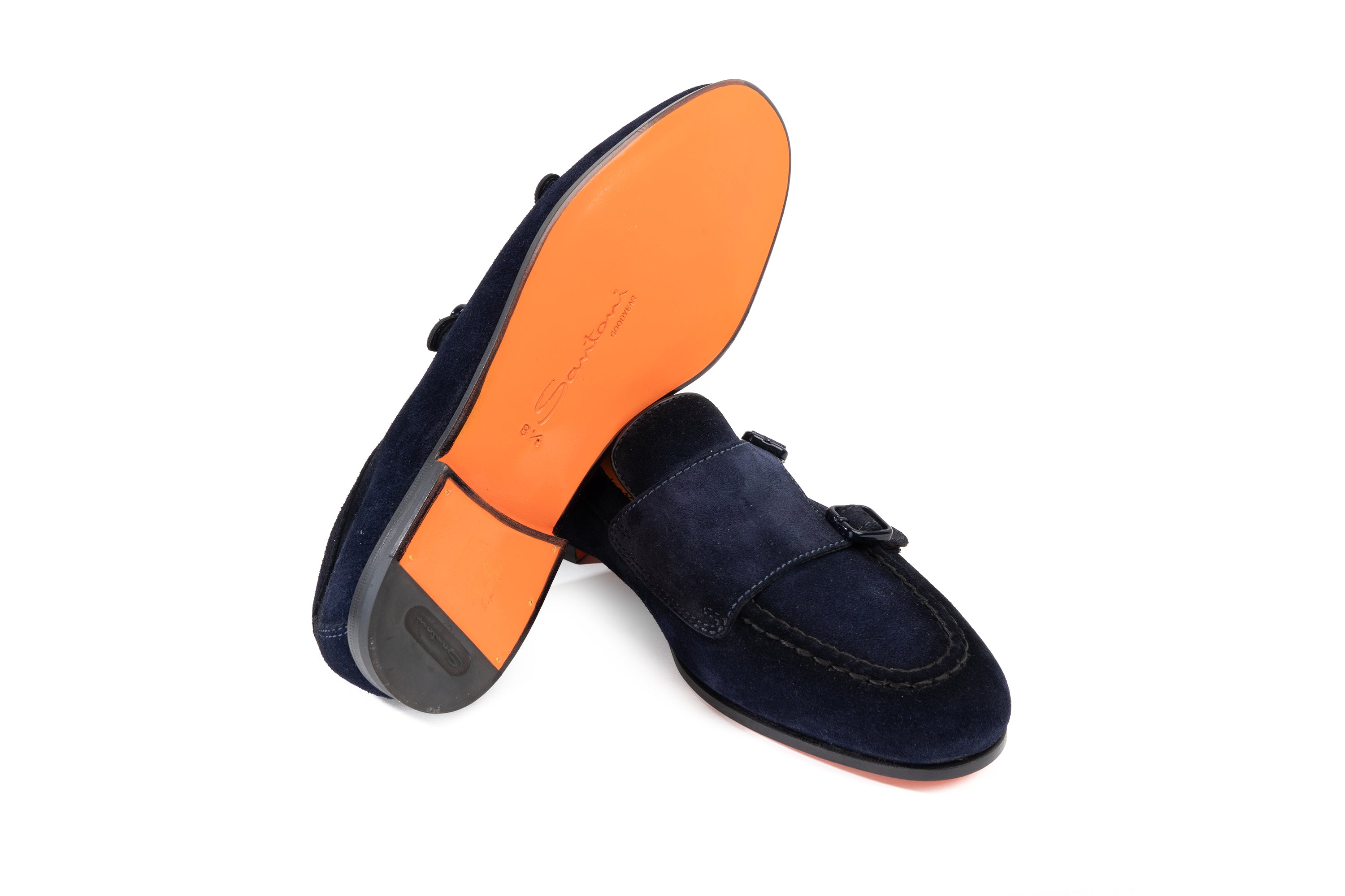 SANTONI NAVY SUEDE DOUBLE-BUCKLE LOAFERS