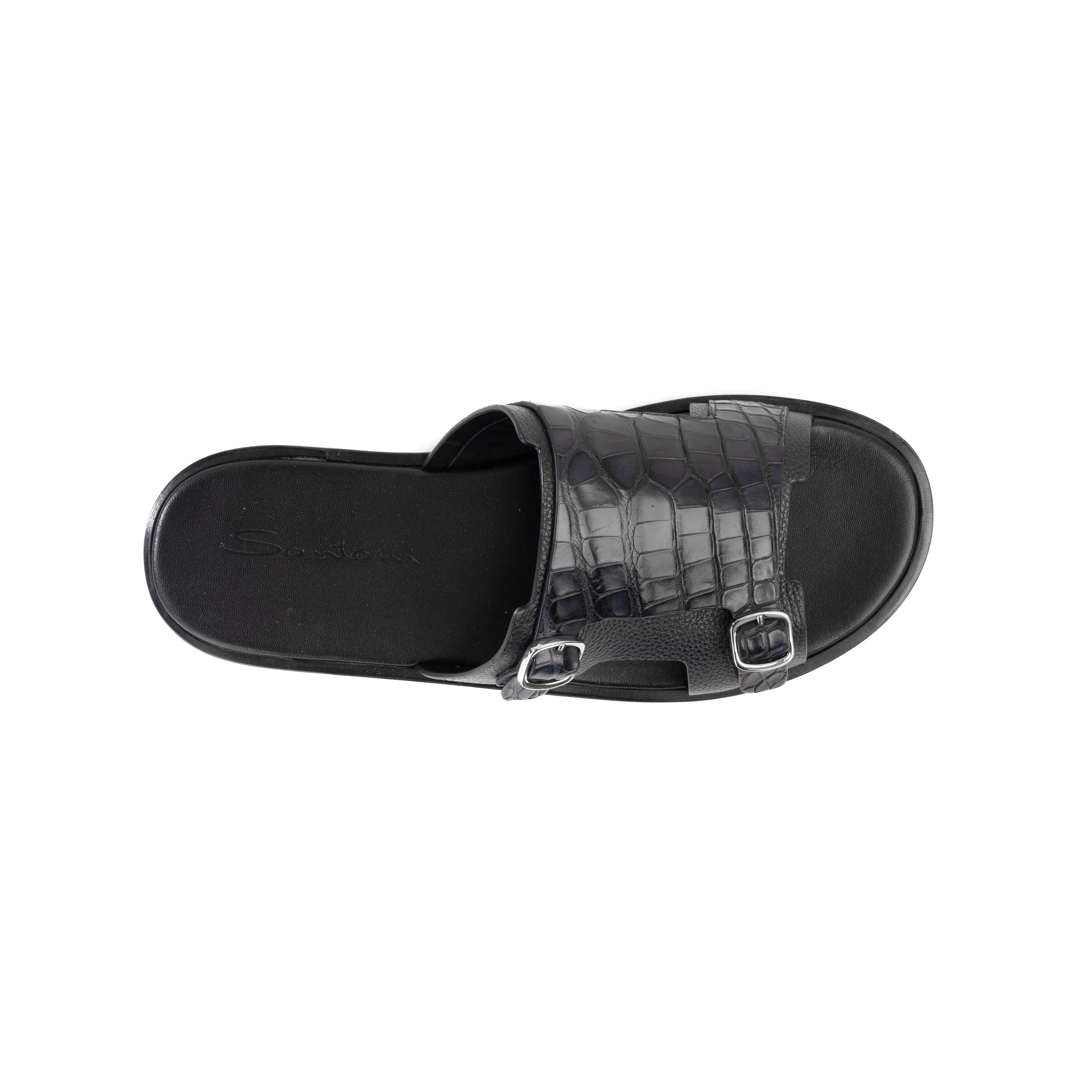 SANTONI NAVY LEATHER DOUBLE-BUCKLE SANDAL