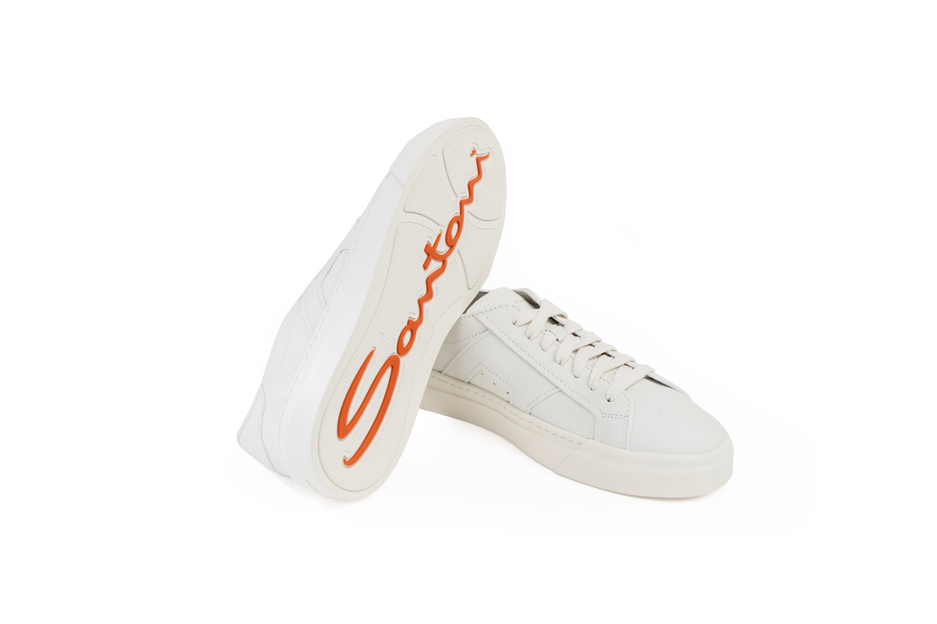 SANTONI WHITE TUMBLED LEATHER SNEAKER