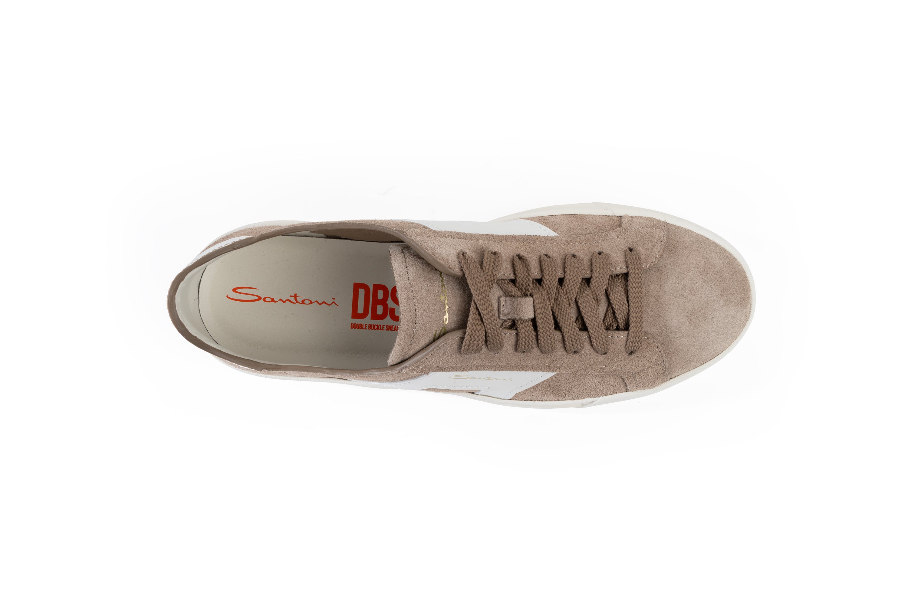 SANTONI BEIGE AND WHITE SUEDE AND LEATHER DOUBLE BUCKLE SNEAKER