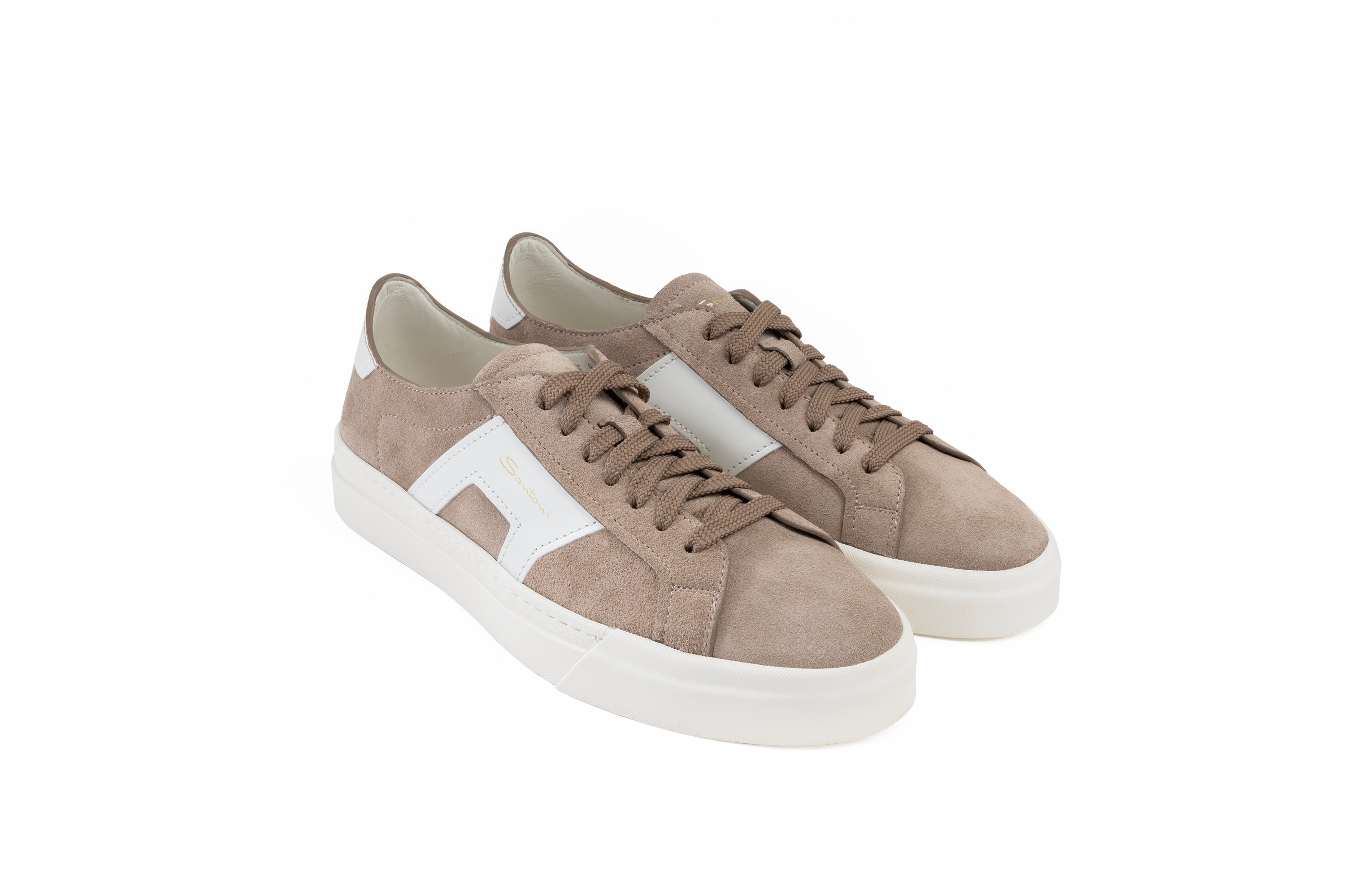 SANTONI BEIGE AND WHITE SUEDE AND LEATHER DOUBLE BUCKLE SNEAKER