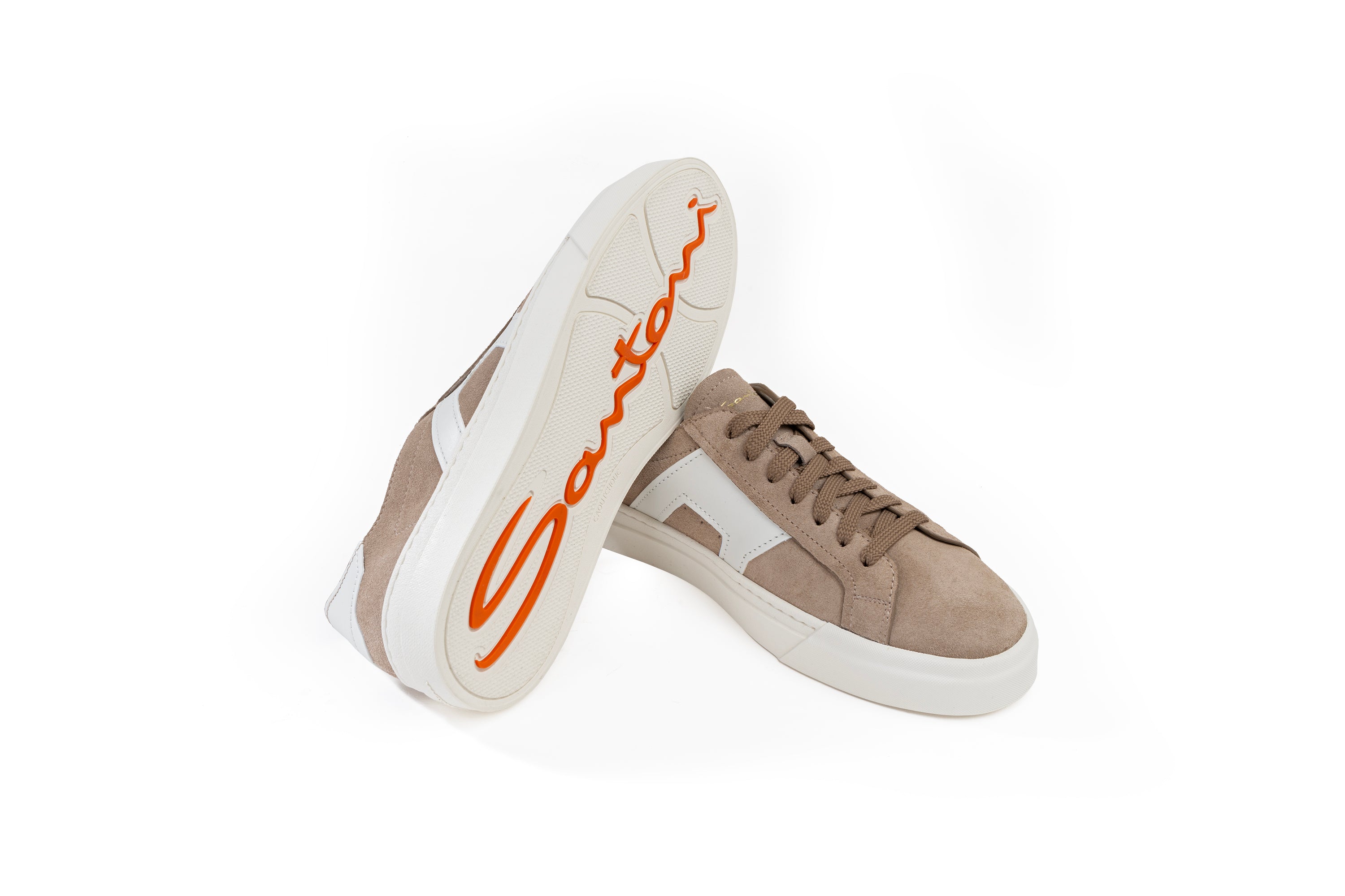 SANTONI BEIGE AND WHITE SUEDE AND LEATHER DOUBLE BUCKLE SNEAKER