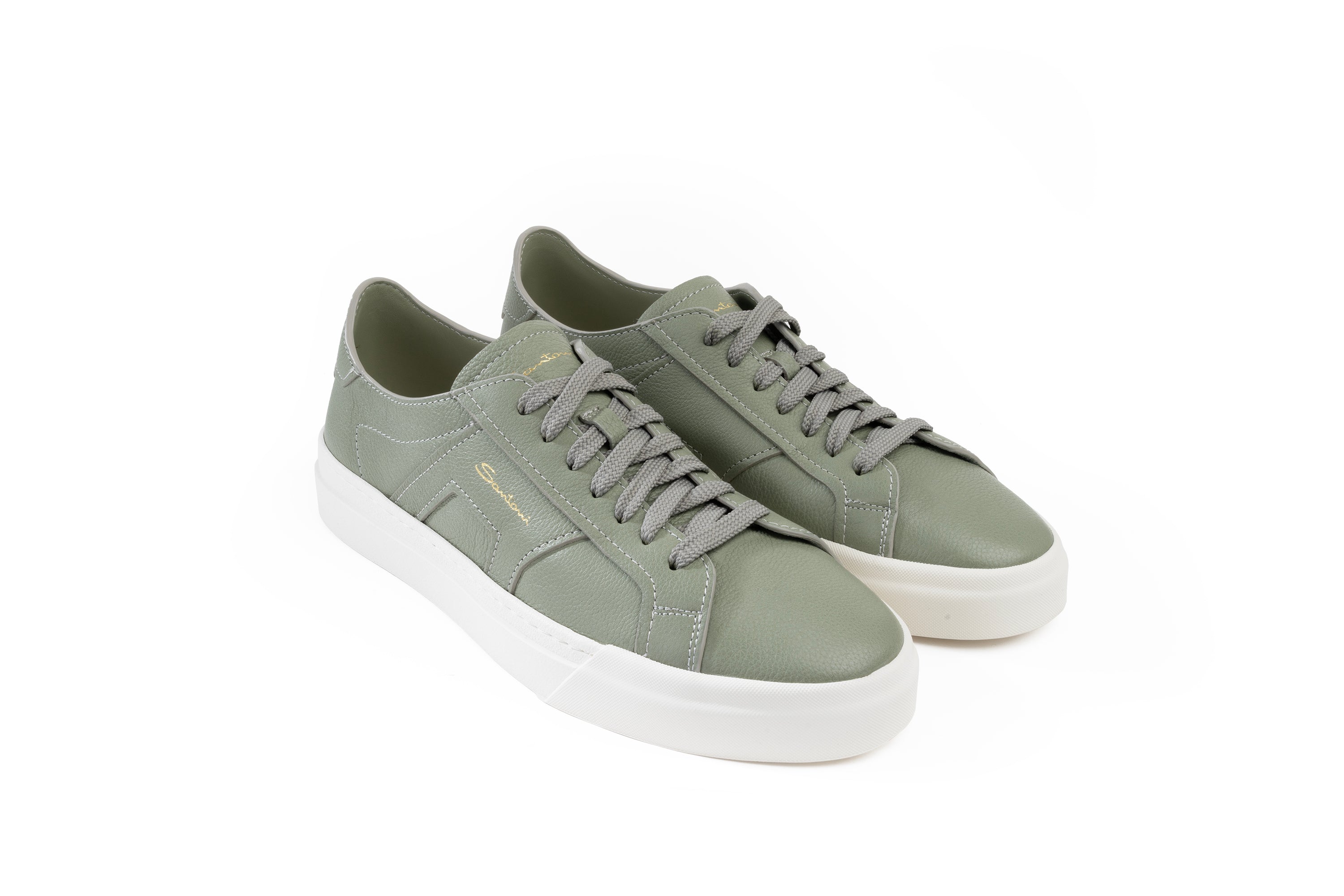 SANTONI GREEN TUMBLED LEATHER SNEAKER