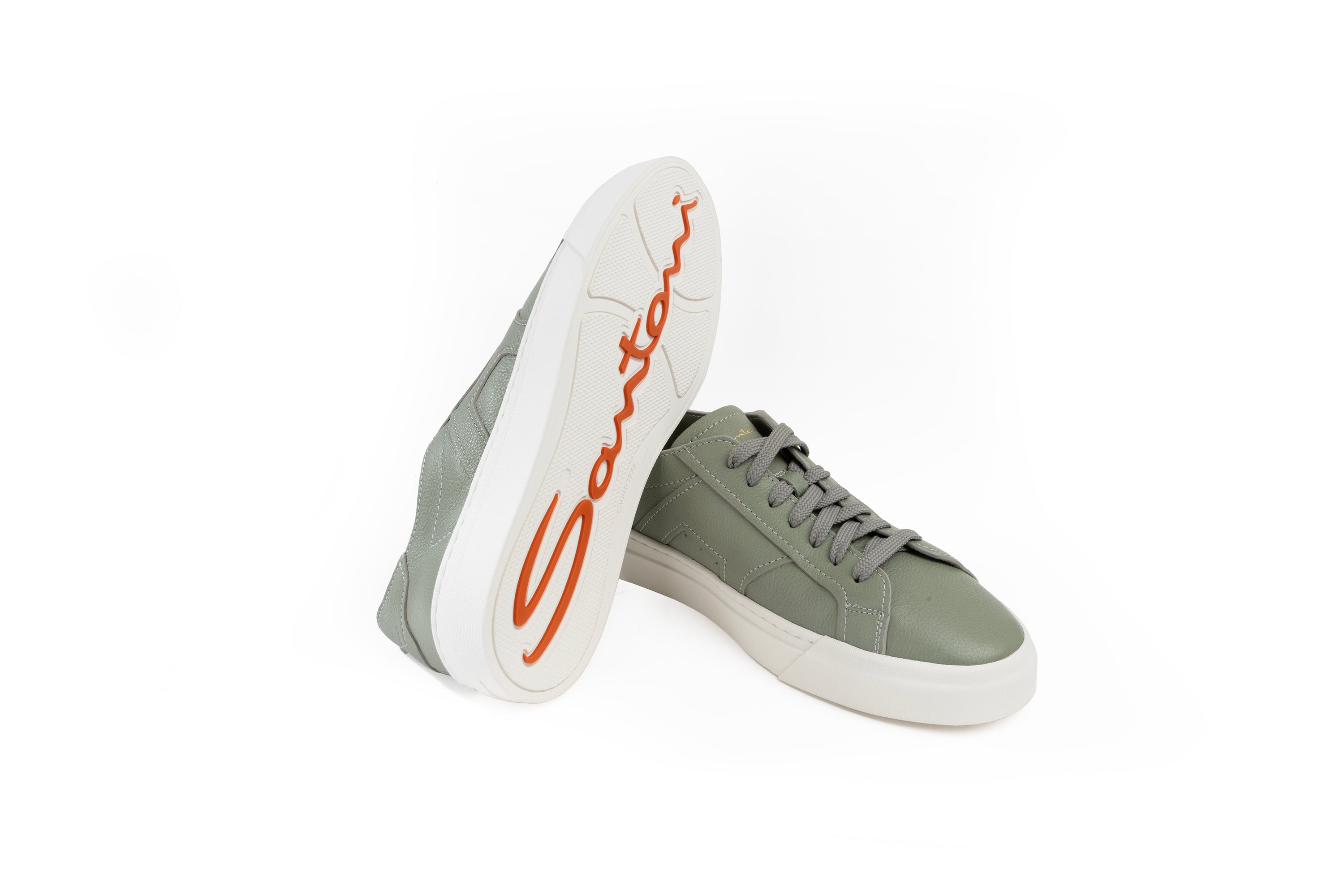 SANTONI GREEN TUMBLED LEATHER SNEAKER