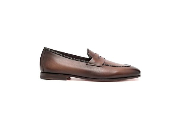 SANTONI BROWN LEATHER PENNY LOAFER